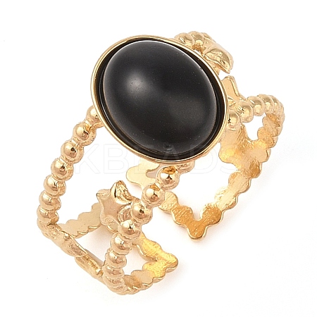 Oval Natural Dyed & Heated Black Agate Finger Rings RJEW-Z057-11G-07-1