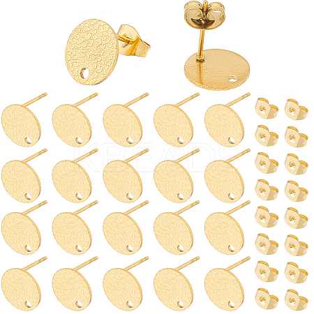 60Pcs Textured Flat Round Ion Plating(IP) 304 Stainless Steel Ear Stud Findings STAS-SP0001-45-1