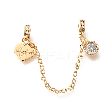 Brass Clear Cubic Zirconia European Safety Chains with Heart Charms KK-C085-15G-1