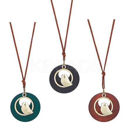 3Pcs 3 Colors Alloy Flat Round with Bird Pendant Necklaces Set with Faux Suede Cords NJEW-FI0001-30-1