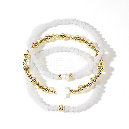 Fashionable Round Brass & Shell Cross Beaded Bracelets Sets TC5488-1-1