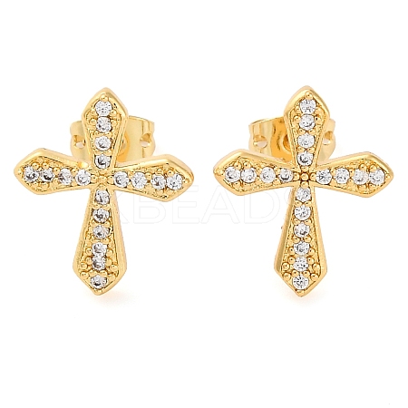 Rack Plating Cross Brass Pave Clear Cubic Zirconia Stud Earrings EJEW-S245-01G-B-1