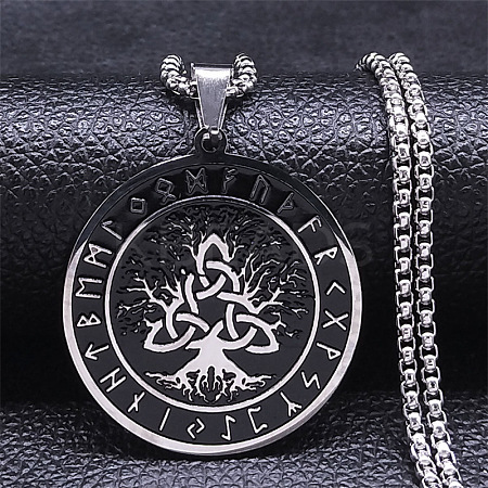 201 Stainless Steel Black Enamel Rune Tree of Life Pendant Necklaces for Men LS-NJEW-K283-27P-1