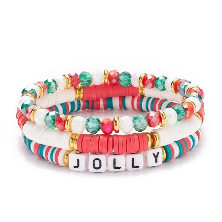 3Pcs 3 Style Polymer Clay Heishi Surfer Stretch Bracelets Set with Word Jolly Acrylic Beads BJEW-TA00129-1