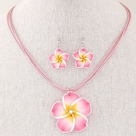 Flower Polymer Clay with Wax Cord Pendant Necklaces & Dangle Earrings Sets FS-WG2CAA9-06-1