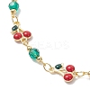 Brass Enamel with Green Glass Red Cherry Link Anklets for Women AJEW-AN00772-3