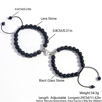 2 Pcs Synthetic Black Stone & Lava Rock Couple Bracelets with Heart Magnetic Attraction EH4505-4-1