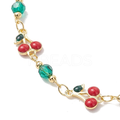 Brass Enamel with Green Glass Red Cherry Link Anklets for Women AJEW-AN00772-1