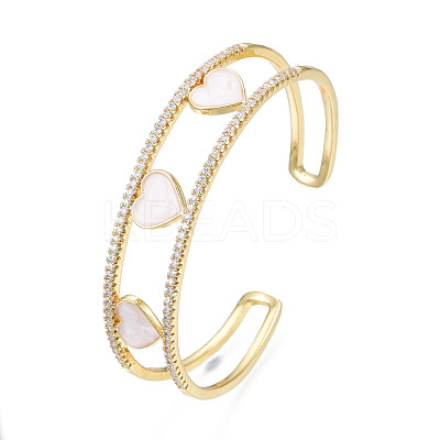 Enamel Heart Open Cuff Bangle with Clear Cubic Zirconia BJEW-N012-024-1