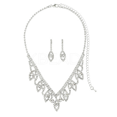 Leaf Brass Pave Clear Cubic Zirconia & Rhinestone Pendant Necklaces & Stud Earrings Sets FS-WG35E42-01-1