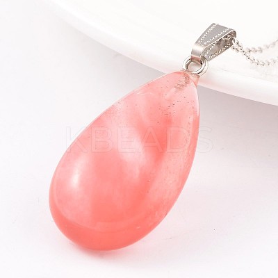 Teardrop Platinum Tone Brass Cherry Quartz Glass Pendants G-F267-07B-1