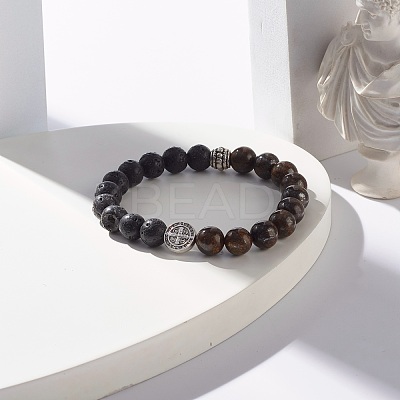 Natural Bronzite & Lava Rock Round Beads Stretch Bracelet BJEW-JB07457-1