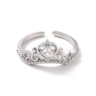 Clear Cubic Zirconia Crown Open Cuff Ring RJEW-P034-10P-1