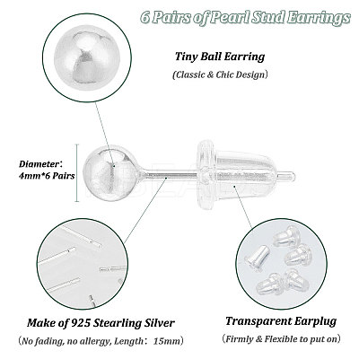6 Pairs Sterling Silver Round Ball Stud Earrings for Men Women EJEW-PH0001-20-1