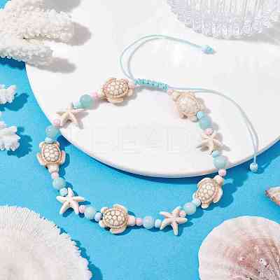 Starfish & Turtle Natural Malaysia Jade & Synthetic Turquoise Braided Beaded Anklet AJEW-AN00563-1