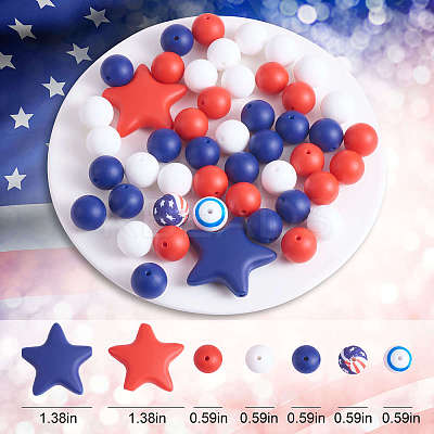 104Pcs 4th of July US Independence Day Silicone Beads Patriotic Blue Red White Round Star Beads America Flag Stars & Stripes Beads for Independence Day DIY Crafts Home Tiered Tray Decor JX601A-1