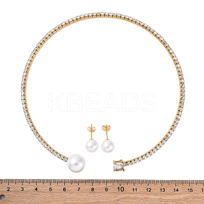 Round Plastic Imitation Pearl Stud Earrings & Cubic Zirconia and Rhinestone Square Cuff Choker Necklaces Sets SJEW-U003-02G-1