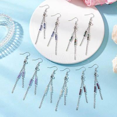 Round 304 Stainless Steel Natural Mixed Stone Dangle Earrings EJEW-JE06783-1