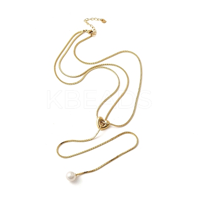 304 Stainless Steel Round Shell Pearl Pendant Lariat Necklaces for Women NJEW-U031-03G-1