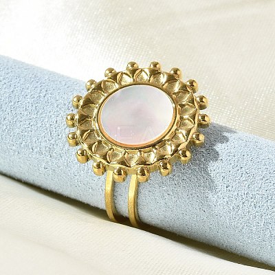 Flat Round 304 Stainless Steel White Shell Finger Rings for Women RJEW-G346-08G-02-1