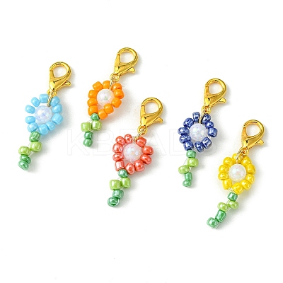 50Pcs 5 Colors Flower Glass Seed Bead Pendant Decorations HJEW-CJ0001-09-1