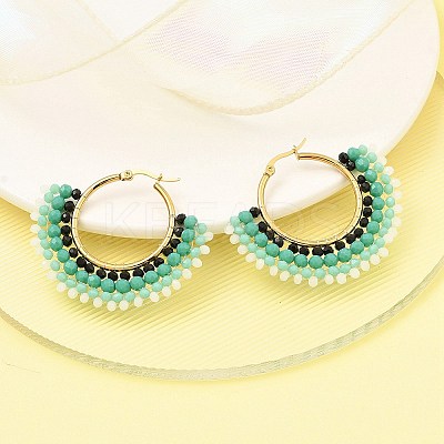 304 Stainless Steel & Bohemian Beaded Fan Hoop Earrings for Women EJEW-R001-01G-03-1