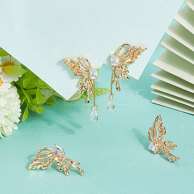 2 Pairs Brass Pave Clear Cubic Zirconia Butterfly Stud Earring Findings KK-BBC0018-66-1