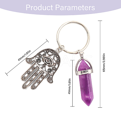 12Pcs 12 Style Bullet Gemstone & Glass Pendant Keychain with Hamsa Hand/Hand of Miriam with Eye Charm KEYC-GL0001-05-1