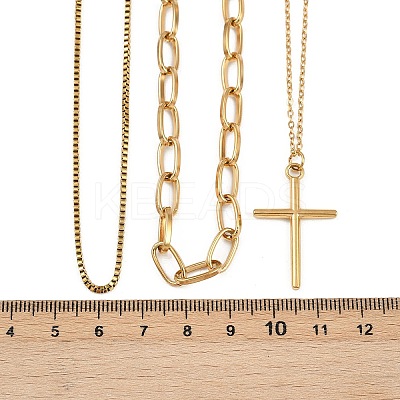 304 Stainless Steel Cross Pendant 3 Layer Necklaces for Women LS-NJEW-F343-02G-1