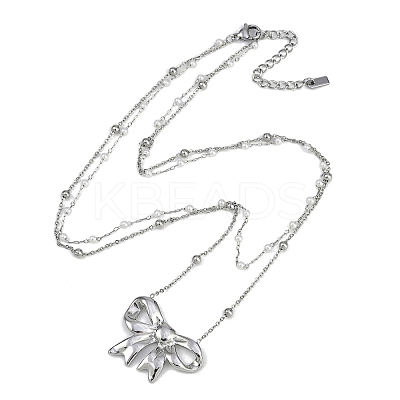 304 Stainless Steel & Plastic Imitation Pearl Double Layer Bowknot Pendant Necklaces NJEW-I129-03P-1