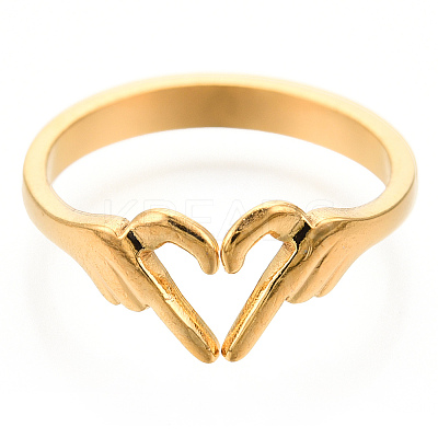 Ion Plating(IP) 304 Stainless Steel Hand Heart Cuff Rings X-RJEW-N038-121LG-1