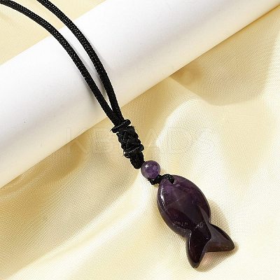 Natural Amethyst Fish Pendant Black Nylon Cord Necklaces NJEW-G185-01C-1