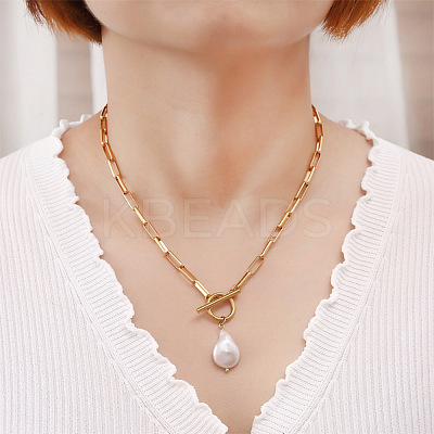 Natural Keishi Pearl Teardrop Pendant 304 Stainless Steel Paperclip Chain OT Necklaces for Women WG5218A-01-1