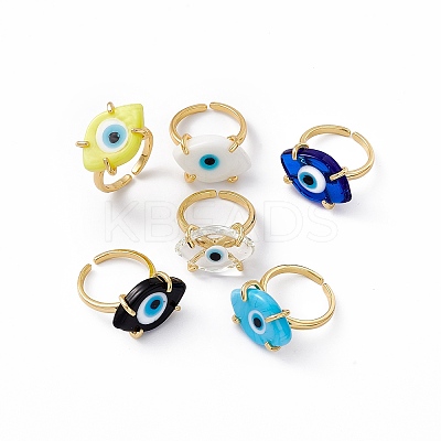 Lampwork Oval with Evil Eye Open Cuff Ring RJEW-I086-13G-1