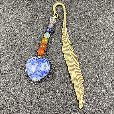 Natural Blue Spot Jasper Heart Pendant Bookmark OFST-PW0006-45F-1