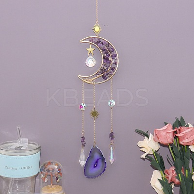Copper Wire Wrapped Natural Amethyst Chips Moon Suncatcher HJEW-H065-04G-03-1