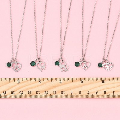 Valentine's Day 304 Stainless Steel & Green Glass Heart Pendant Cable Chain Necklaces for Women NJEW-FS00014-04-1
