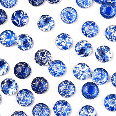 Blue and White Floral Printed Glass Cabochons GGLA-A002-12mm-XX-1