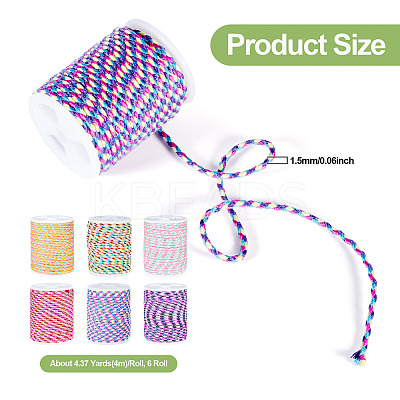 6 Rolls 6 Colors 4-Ply Polycotton Cord with Metallic Thread OCOR-TA0002-16-1