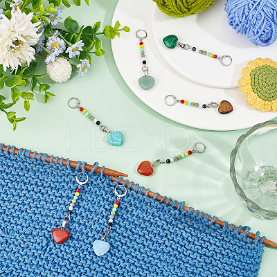 14Pcs 7 Colors Heart Natural & Synthetic Gemstone Pendant Locking Stitch Markers HJEW-SC00095-1
