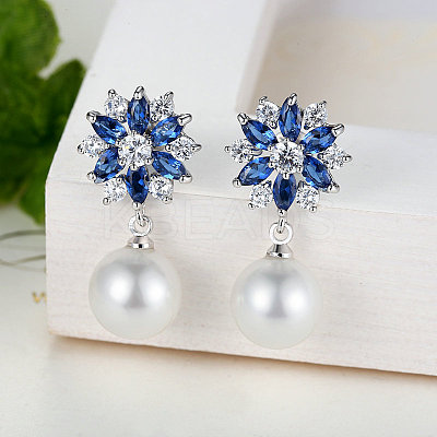 Platinum Plated Brass Flower Cubic Zirconia Stud Earrings EJEW-FF0002-08A-1