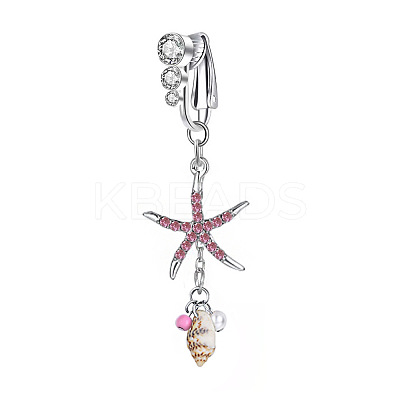 304 Stainless Steel Pave Cubic Zirconia & Plastic Pearl & Natural Shell Starfish Dangle Clip on Belly Rings FS-WG69EA3-05-1