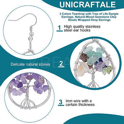 3 Pairs 3 Colors Teardrop with Tree of Life Dangle Earrings EJEW-UN0001-98-1
