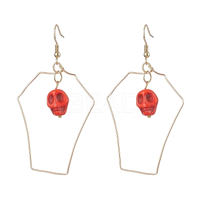 Halloween Skull Synthetic Dyed Turquoise & Copper Wire Dangle Earrings for Women EJEW-JE05884-1