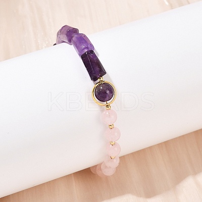 Natural Rose Quartz & Natural Amethyst & Brass Round & Prism Beaded Bracelets for Women BJEW-G752-01G-06-1