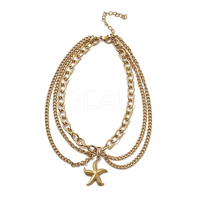 Summer Beach 304 Stainless Steel Starfish Charm 3 Layer Anklets for Women LS-AJEW-F069-01G-1