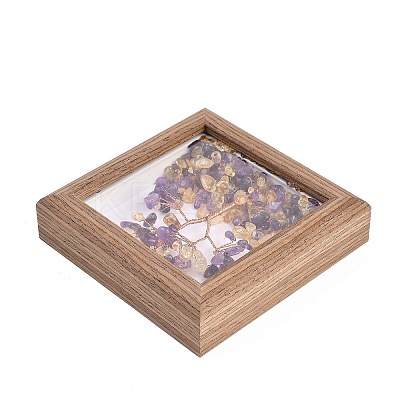 Natural Amethyst and Yellow Quartz Chips Chips Tree of Life with Wooden Photo Frame Decorations DJEW-B013-04H-1