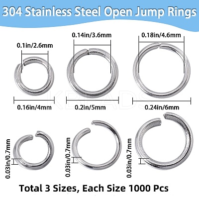 3000Pcs 3 Styles 304 Stainless Steel Open Jump Rings STAS-SP0001-68-1