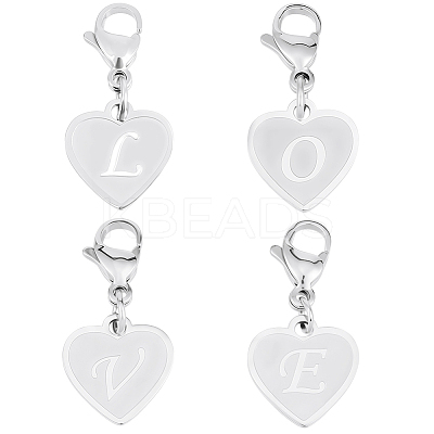 4Pcs 4 Styles 201 Stainless Steel Heart with Letter Pendant Decorations AJEW-BBC0002-44-1