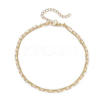 Brass Paperclip Chain and 304 Stainless Steel Ball Chain Double Layer Anklets for Women AJEW-AN00711-1